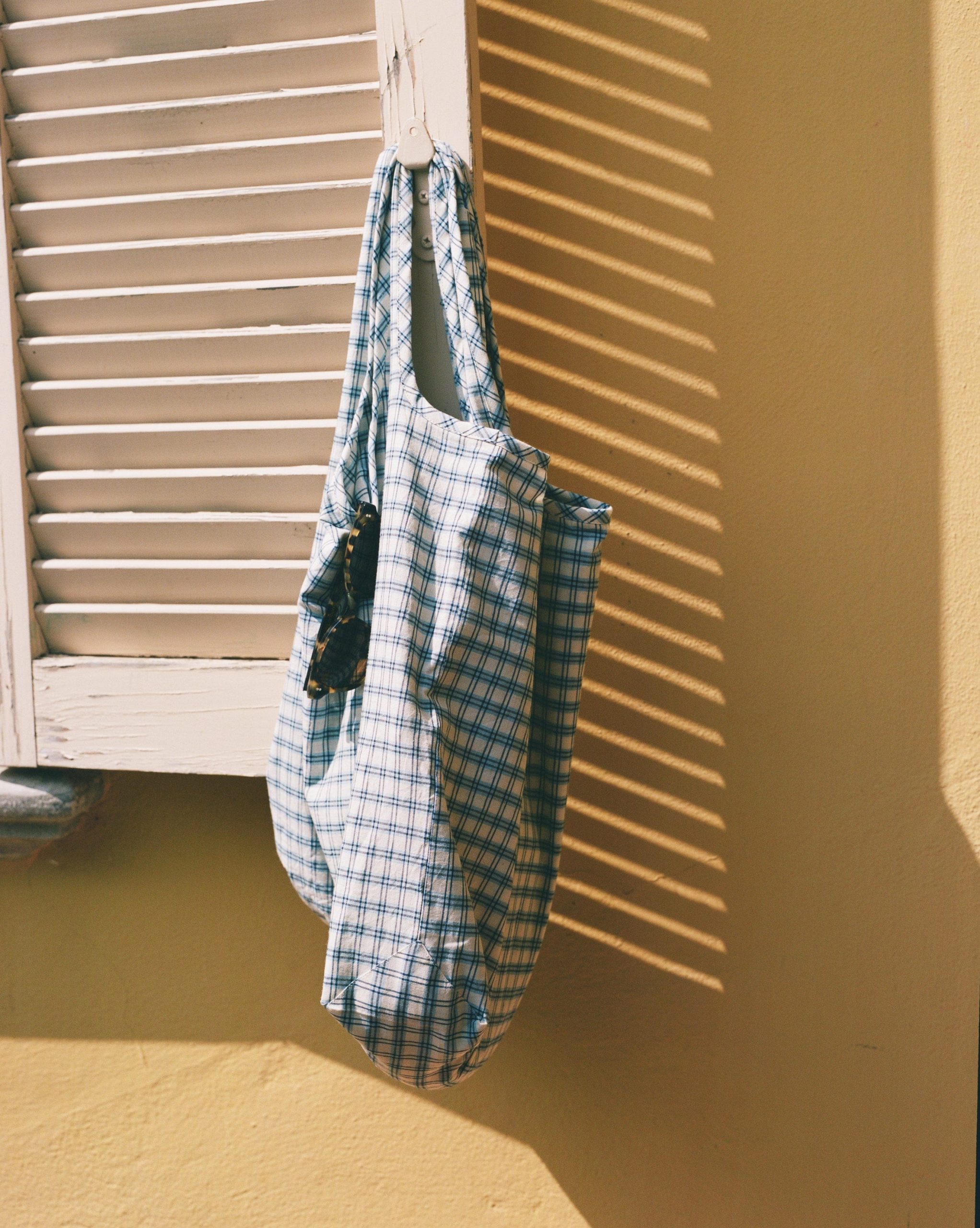 Blue and White Madras Check Cotton Market Tote Bag - Image 6