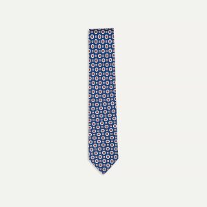 Blue and Red Geometric Medallion Print Silk Foulard Tie