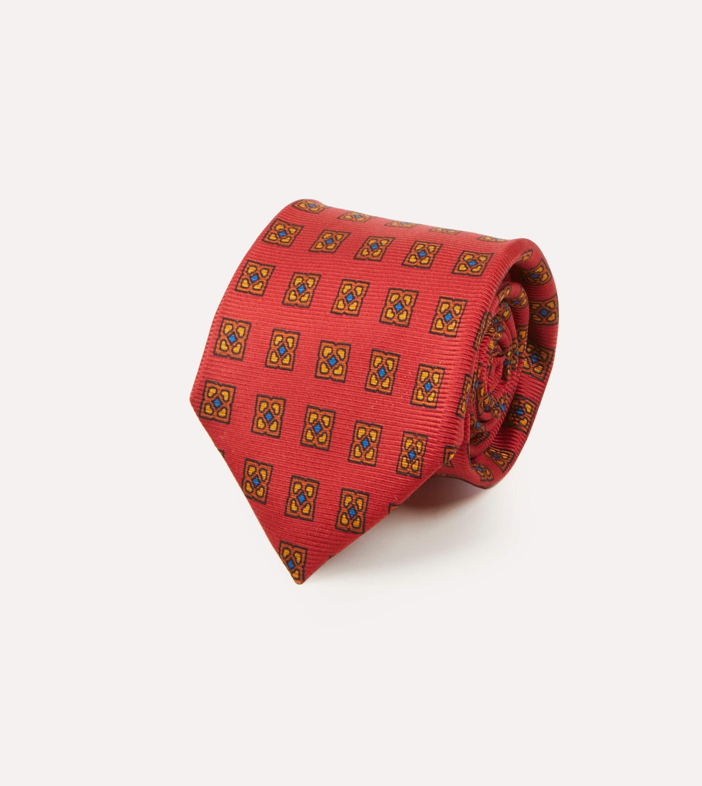 Red and Green Diamond Medallion Print Madder Twill Silk Tie - Image 2