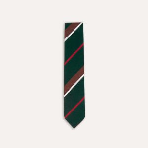 Green. Brown and White Stripe Shantung Silk Tie