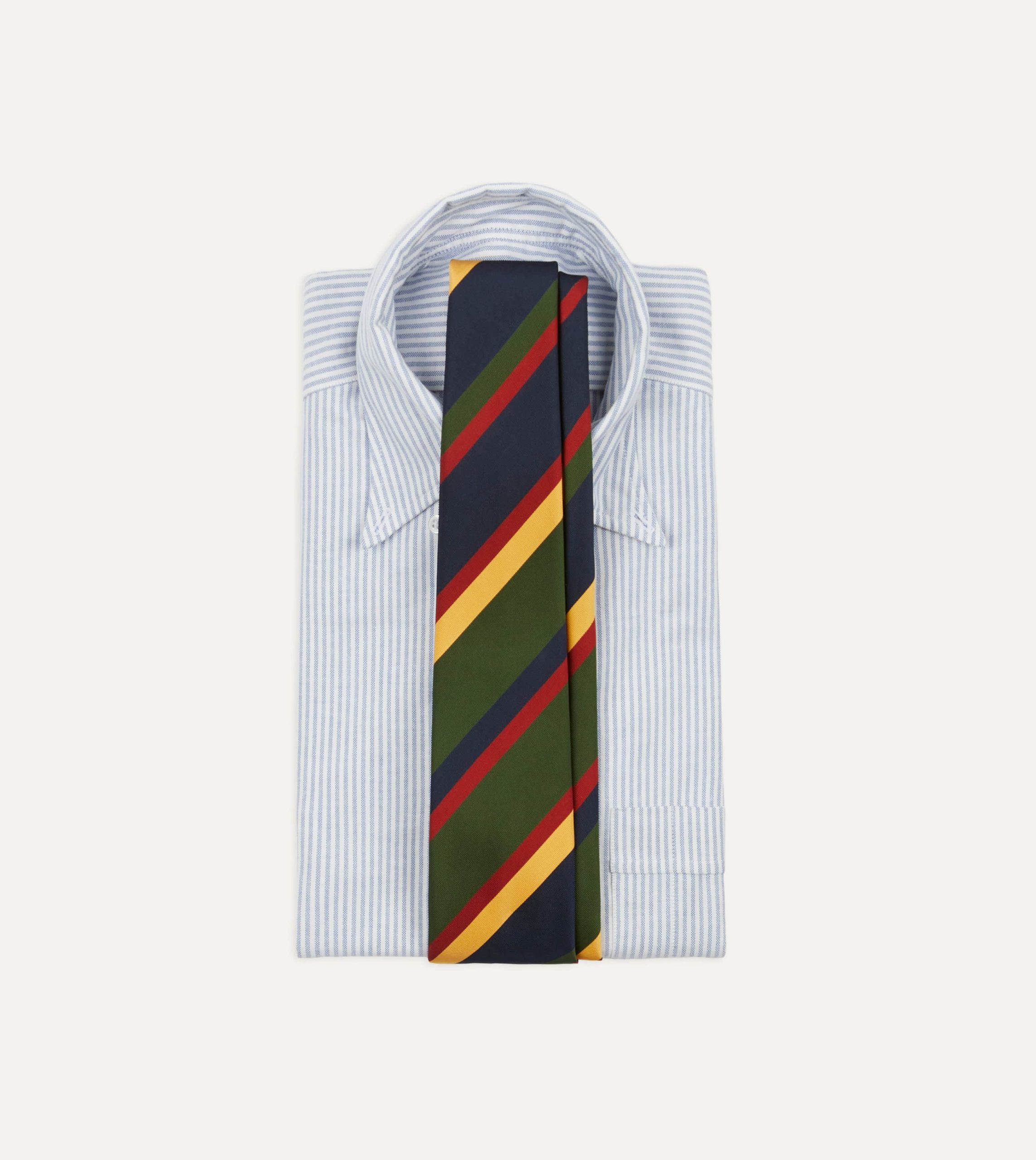 Navy. Red. Green and Yellow Stripe Silk Hand Rolled Tie - Image 2