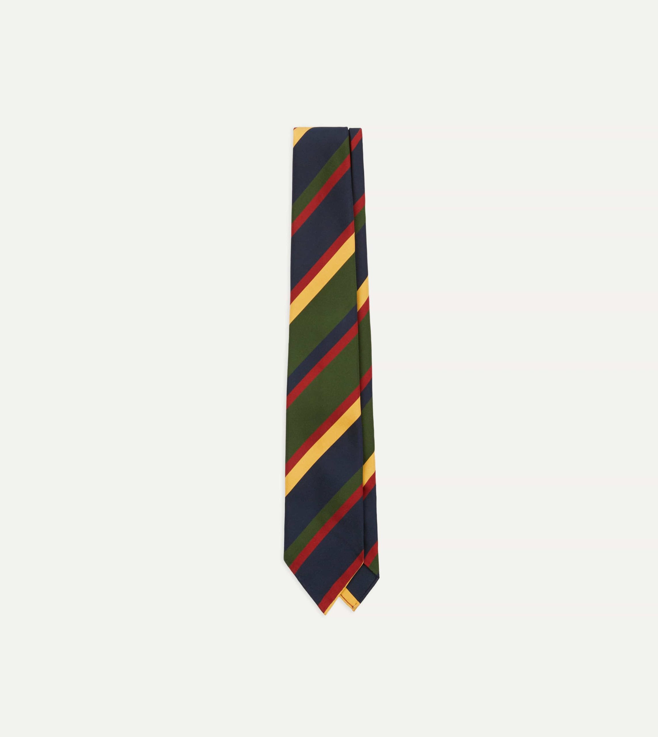 Navy. Red. Green and Yellow Stripe Silk Hand Rolled Tie