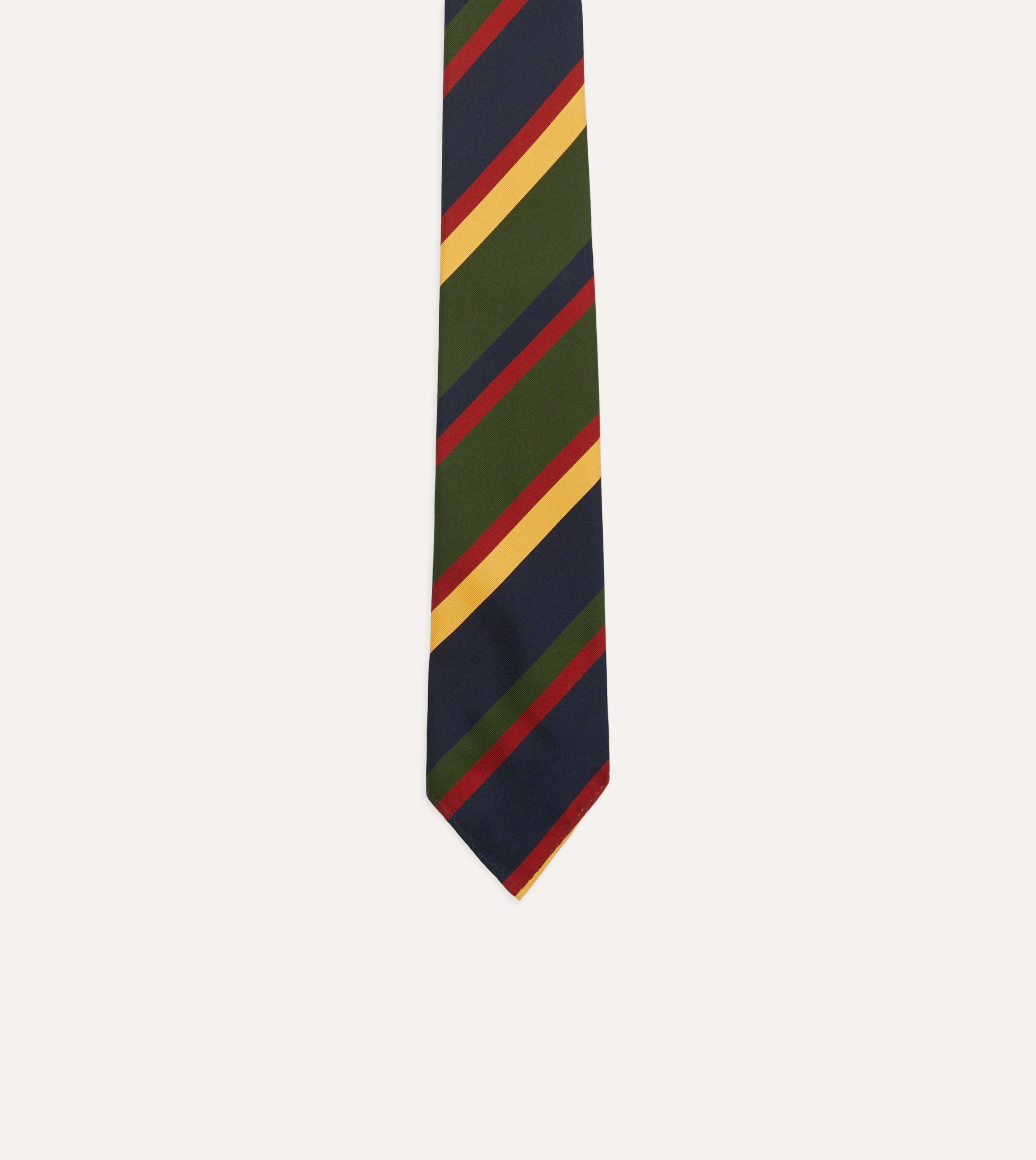 Navy. Red. Green and Yellow Stripe Silk Hand Rolled Tie - Image 4