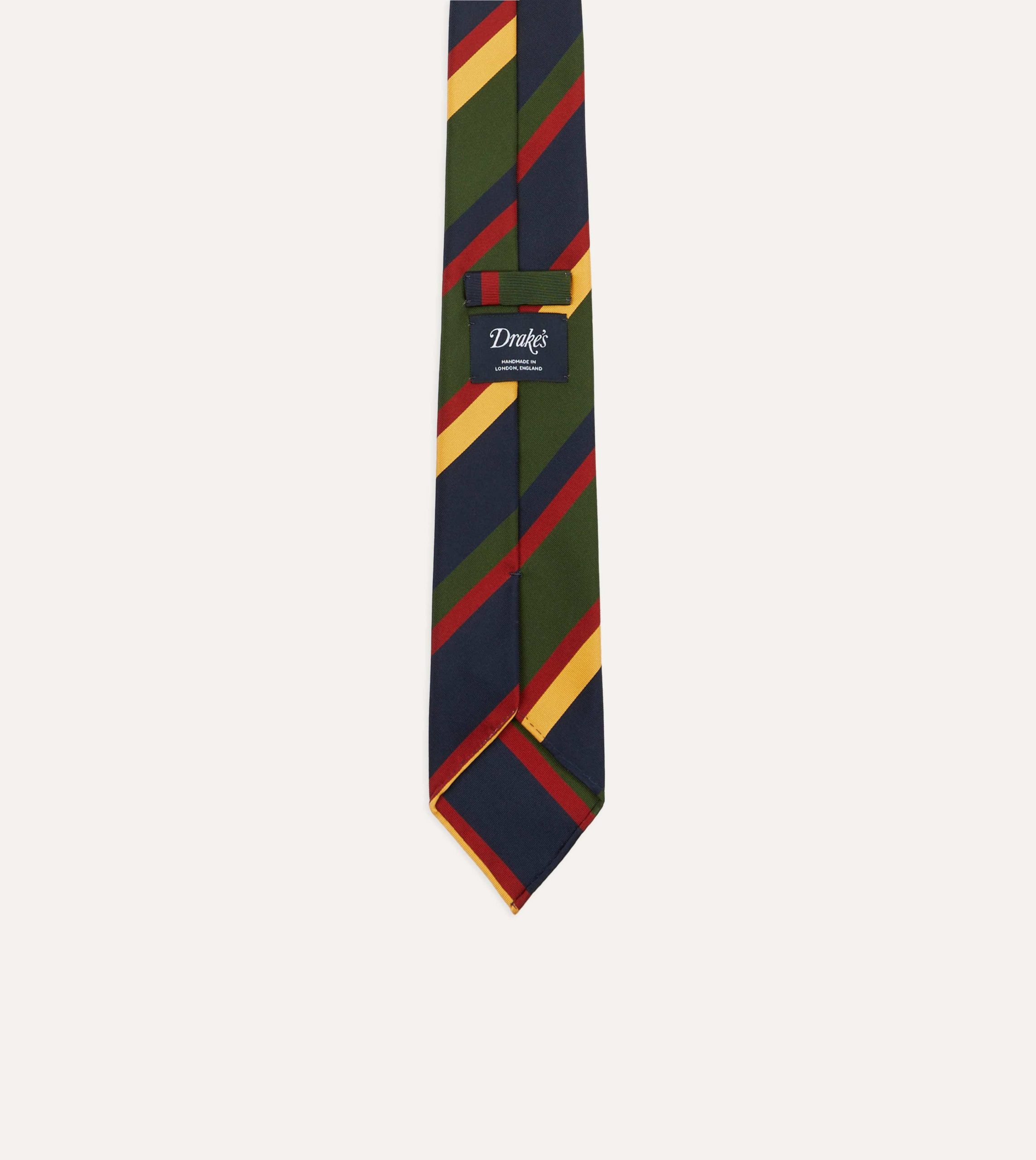 Navy. Red. Green and Yellow Stripe Silk Hand Rolled Tie - Image 3