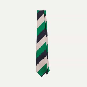 Bright Green. Navy and White Stripe Tipped Repp Silk Tie
