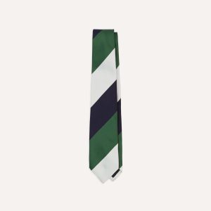 White. Navy and Green Wide Stripe Repp Silk Tipped Tie