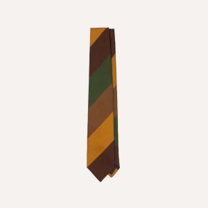 Brown. Green and Yellow Wide Stripe Repp Silk Cotton Tipped Tie