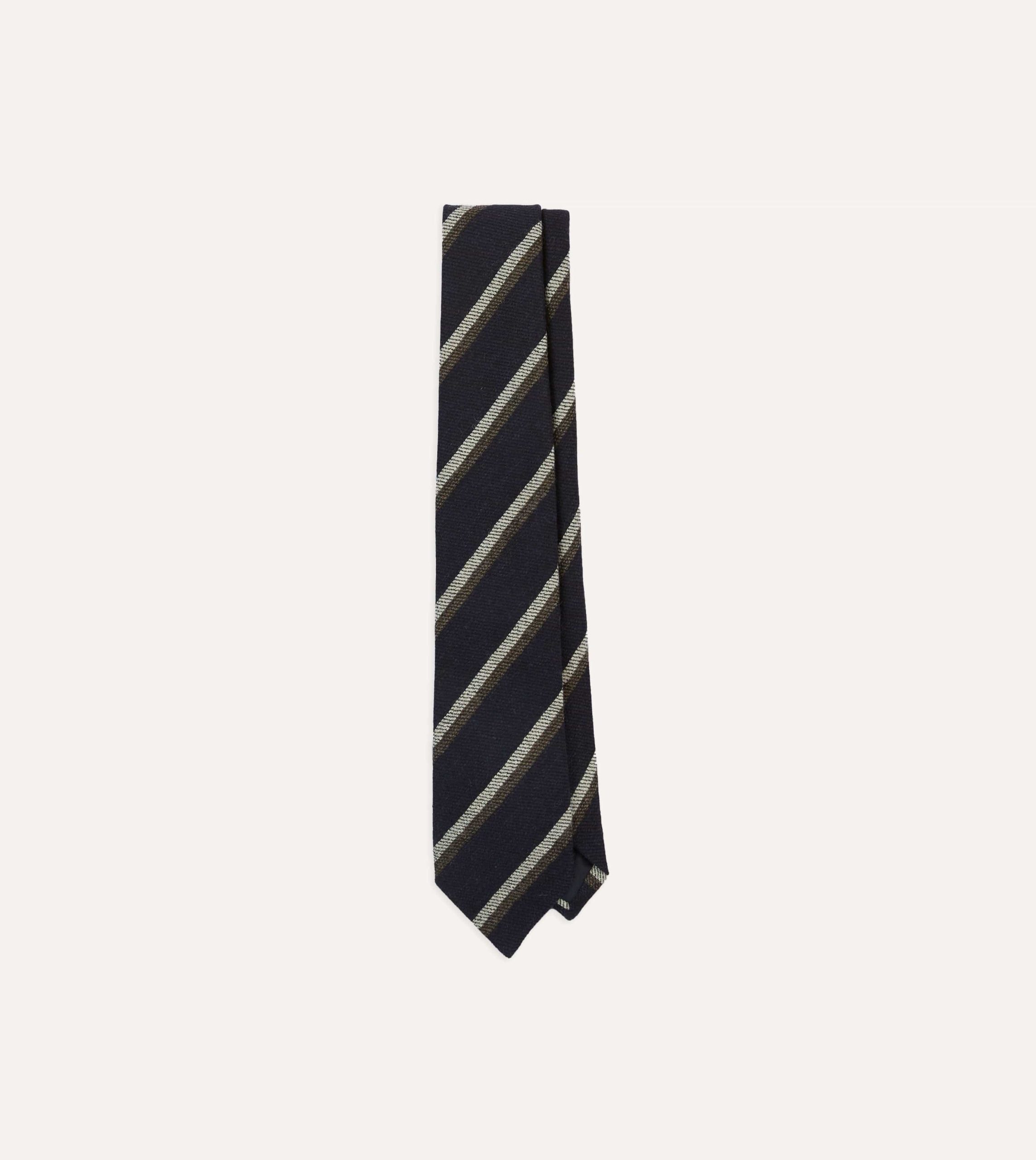 Navy. White and Brown Double Stripe Tipped Wool Tie
