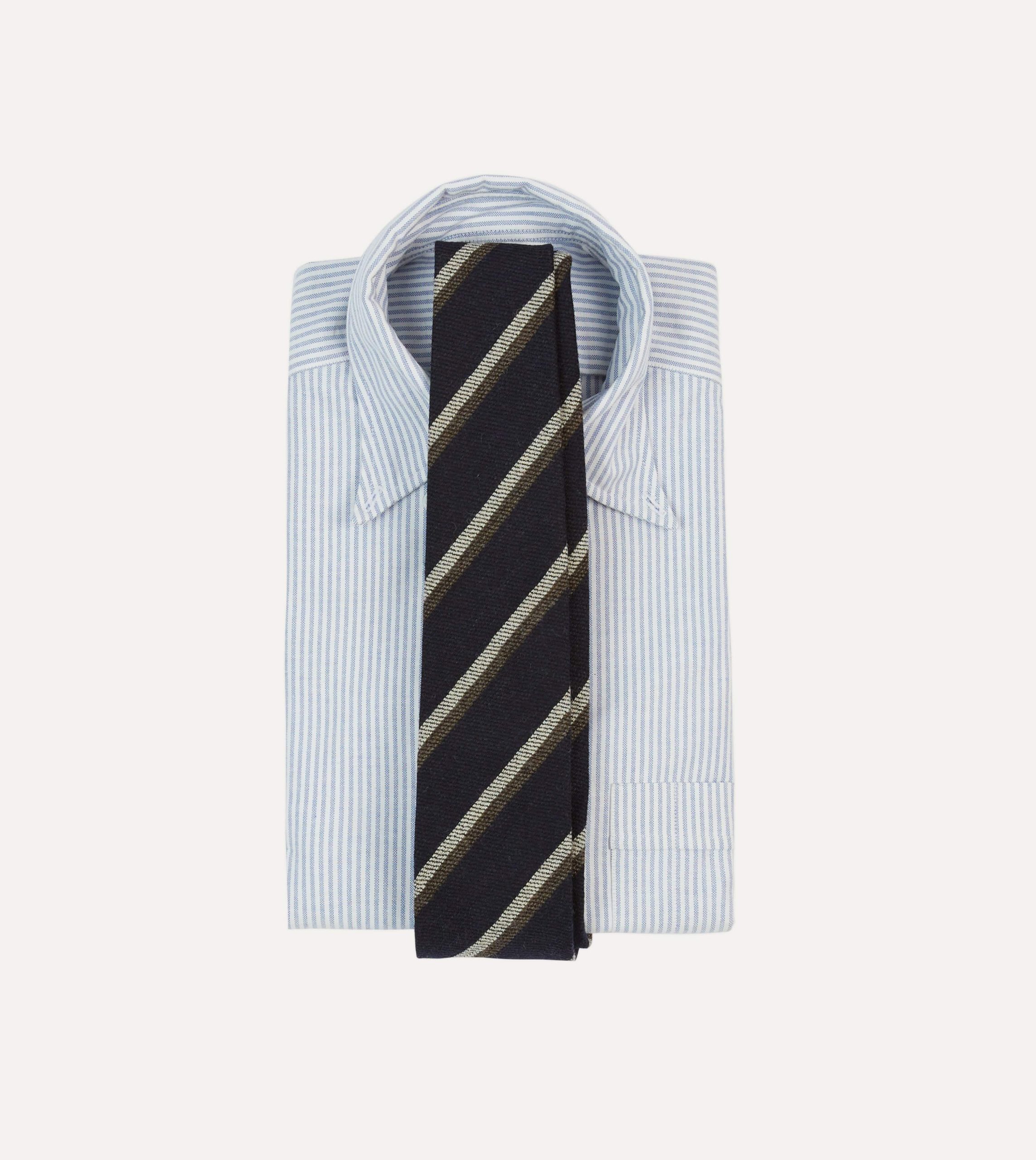 Navy. White and Brown Double Stripe Tipped Wool Tie - Image 2