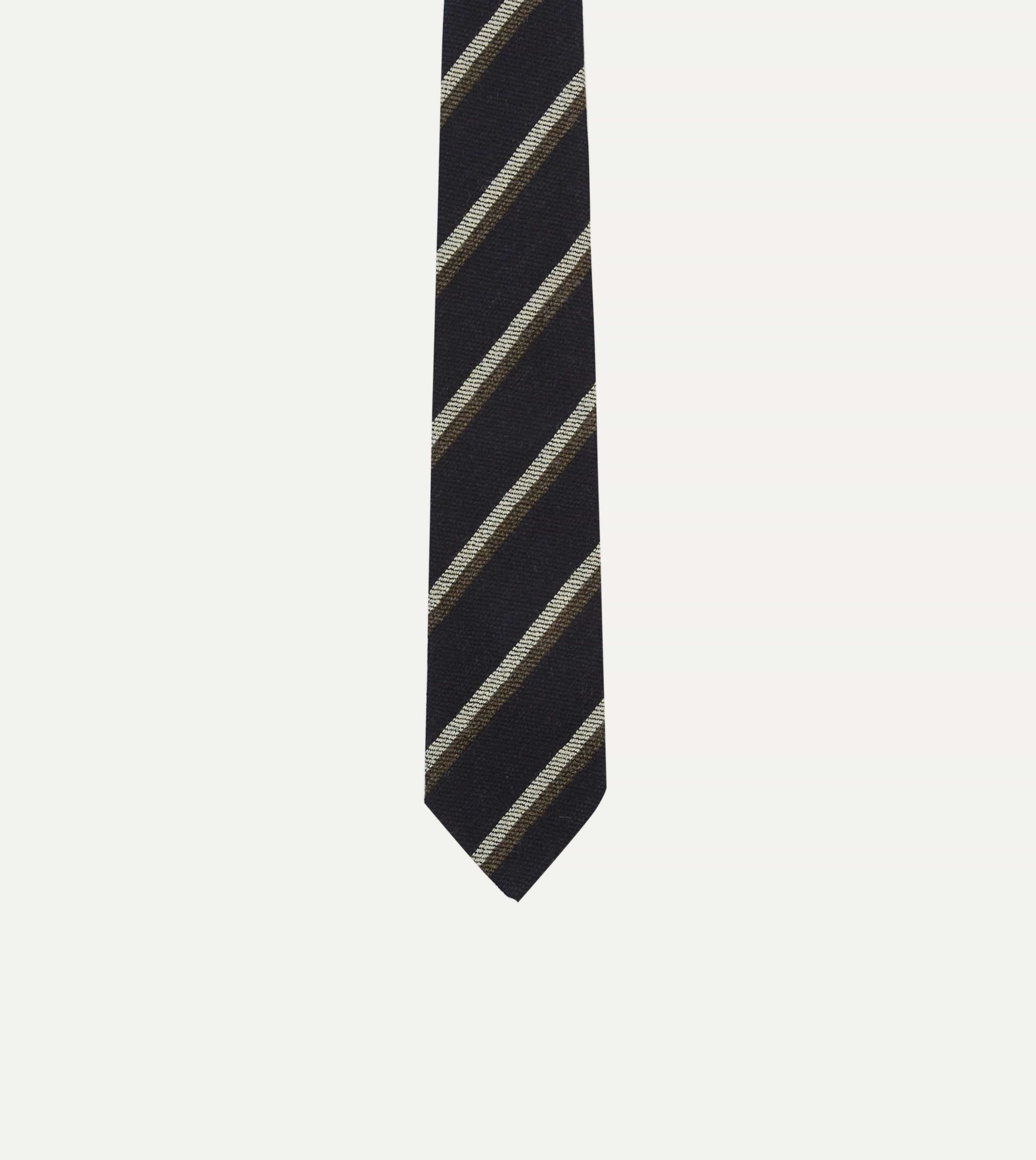 Navy. White and Brown Double Stripe Tipped Wool Tie - Image 3