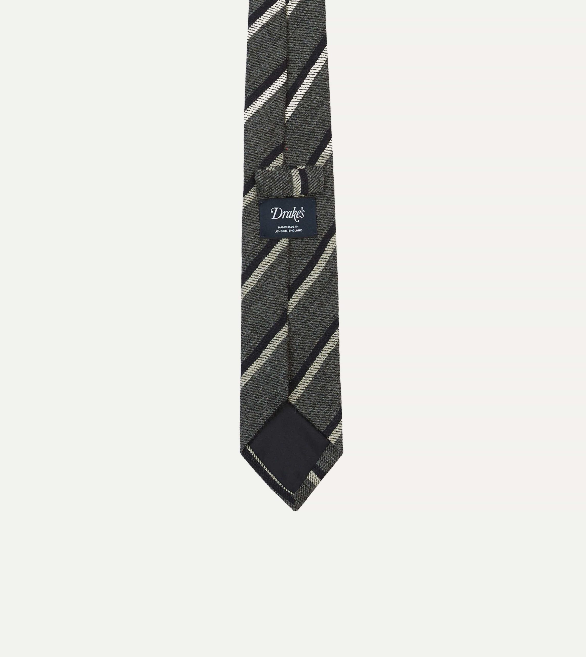 Grey. Navy and White Double Stripe Tipped Wool Tie - Image 4