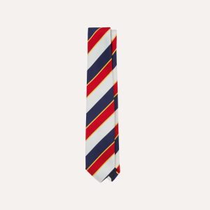 Navy. Red and White Block Stripe Repp Silk Tipped Tie