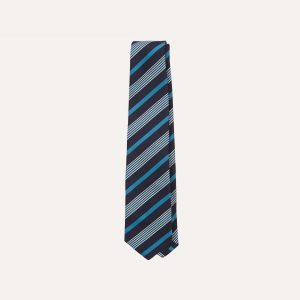 Navy. Blue and White Multi Stripe Mogador Silk Tipped Tie