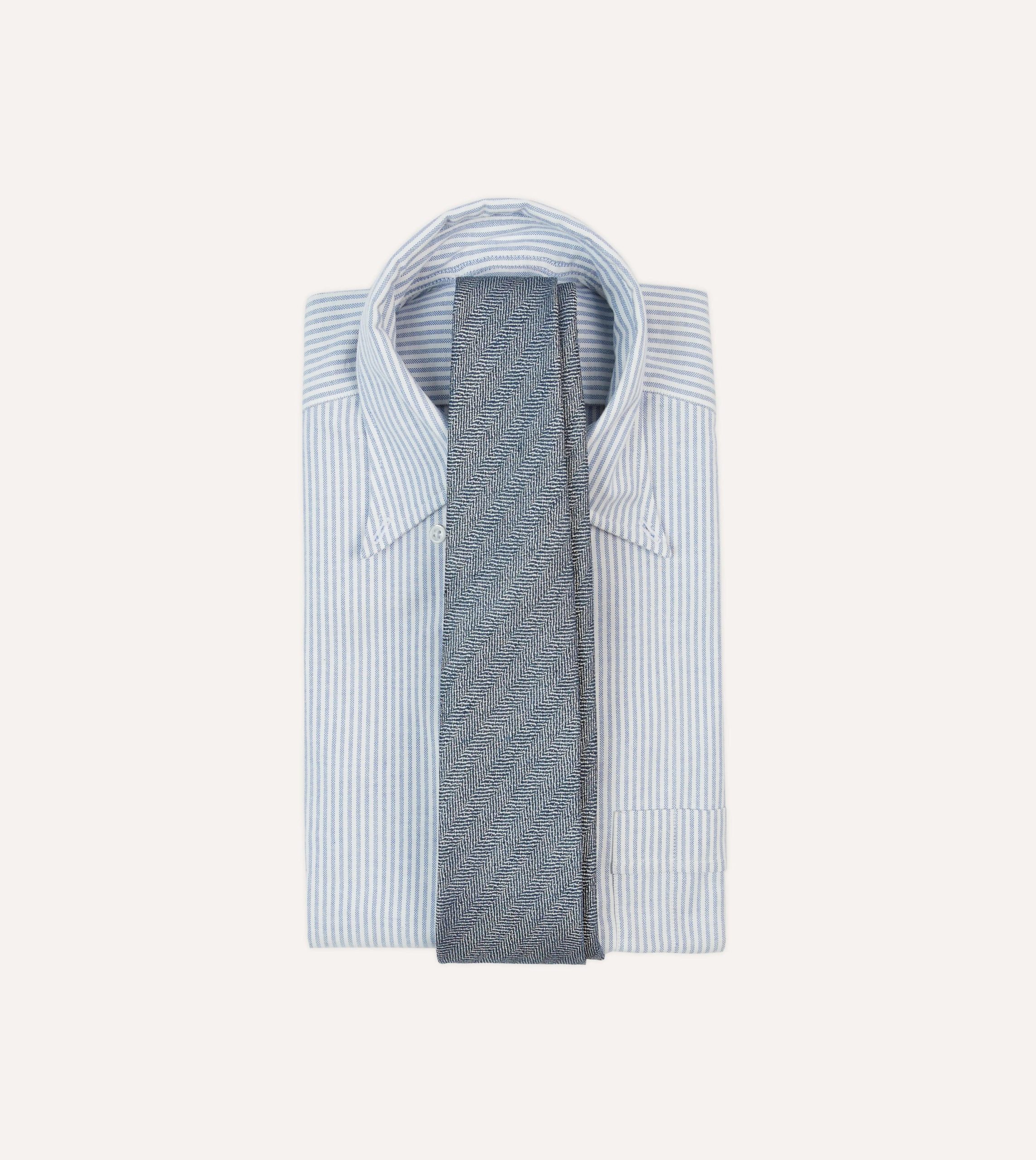 Navy and Ecru Herringbone Linen Silk Tipped Tie - Image 2