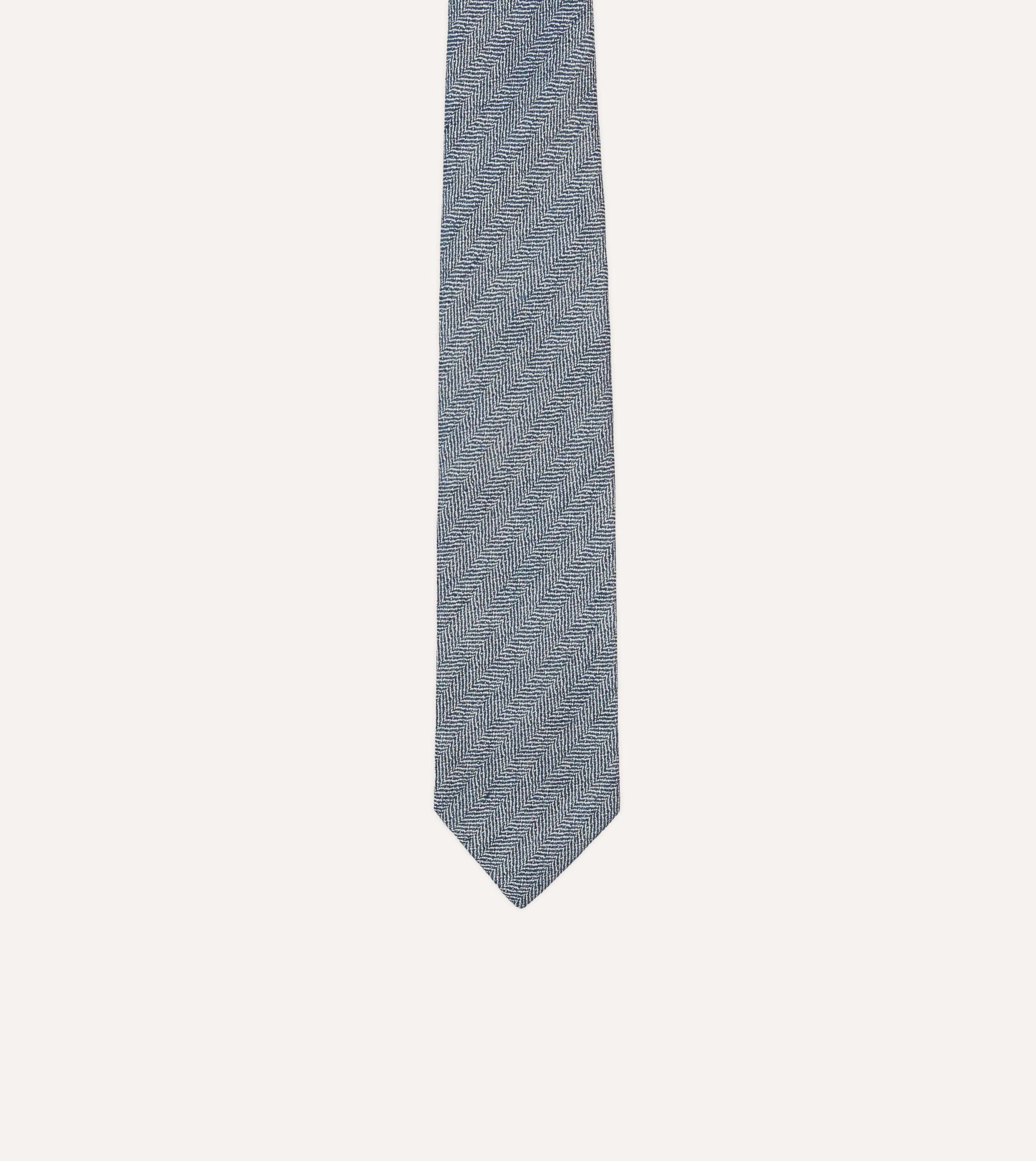 Navy and Ecru Herringbone Linen Silk Tipped Tie - Image 3