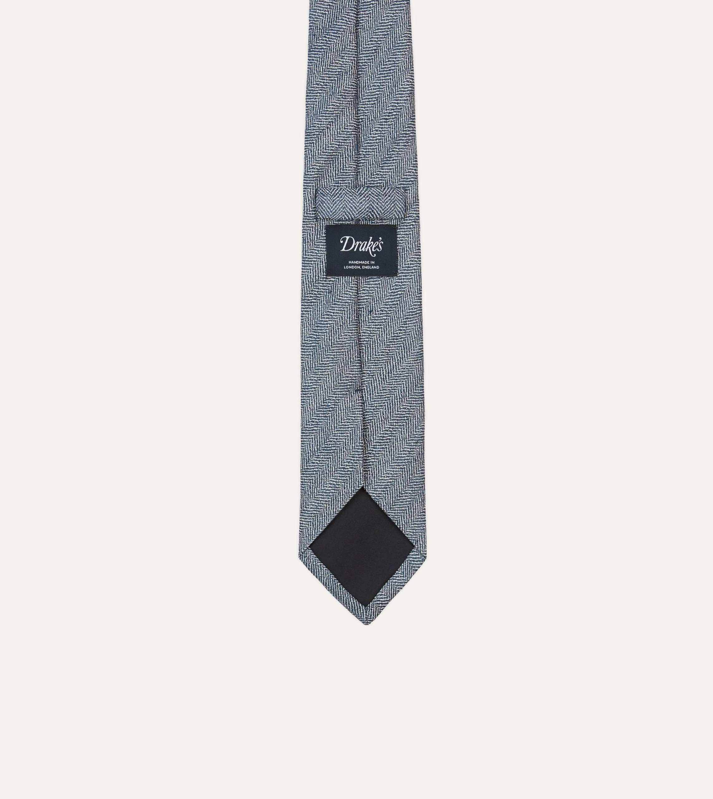 Navy and Ecru Herringbone Linen Silk Tipped Tie - Image 4