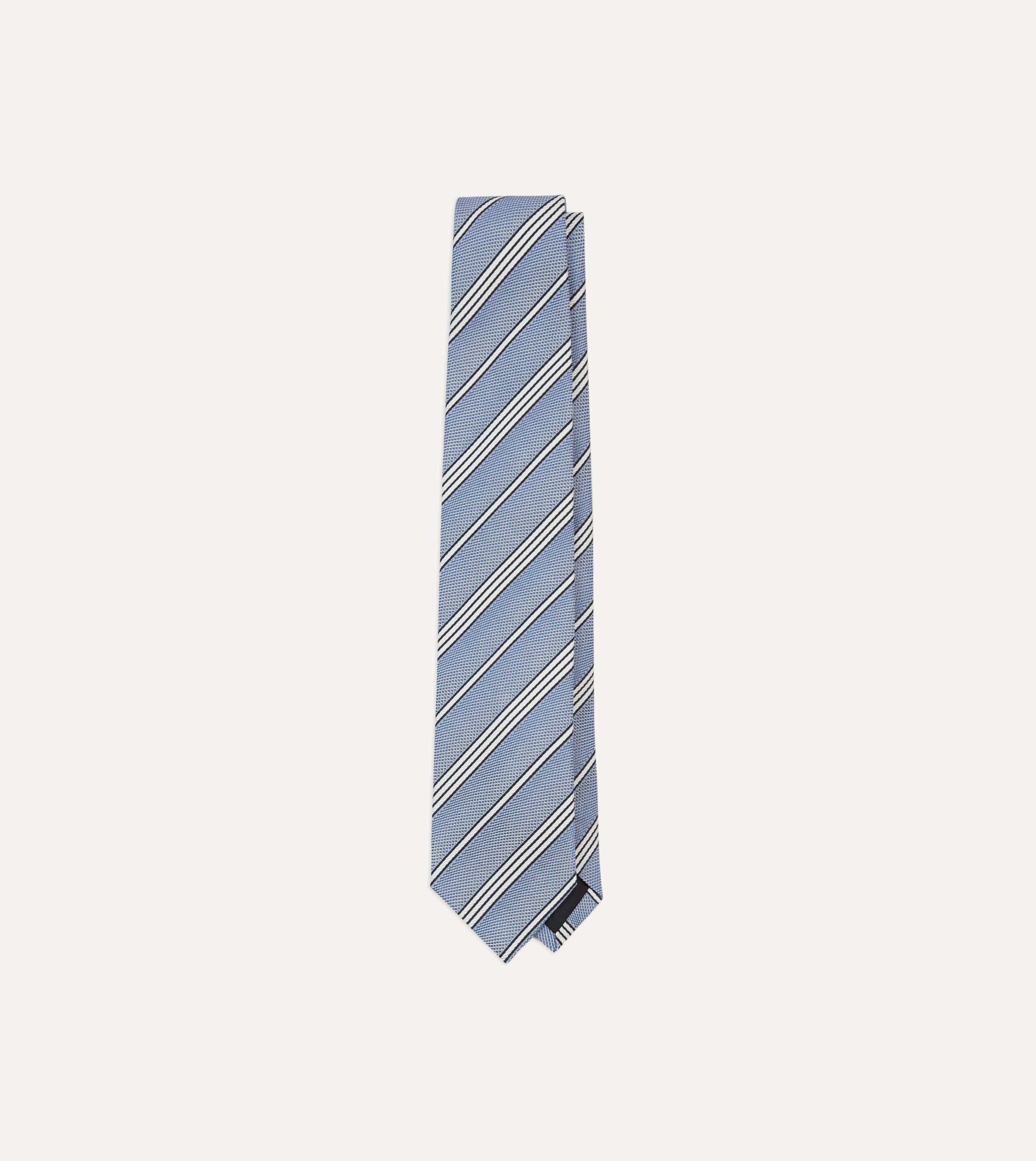 Blue. Navy and Ecru Twill Stripe Tipped Silk Grenadine Tie