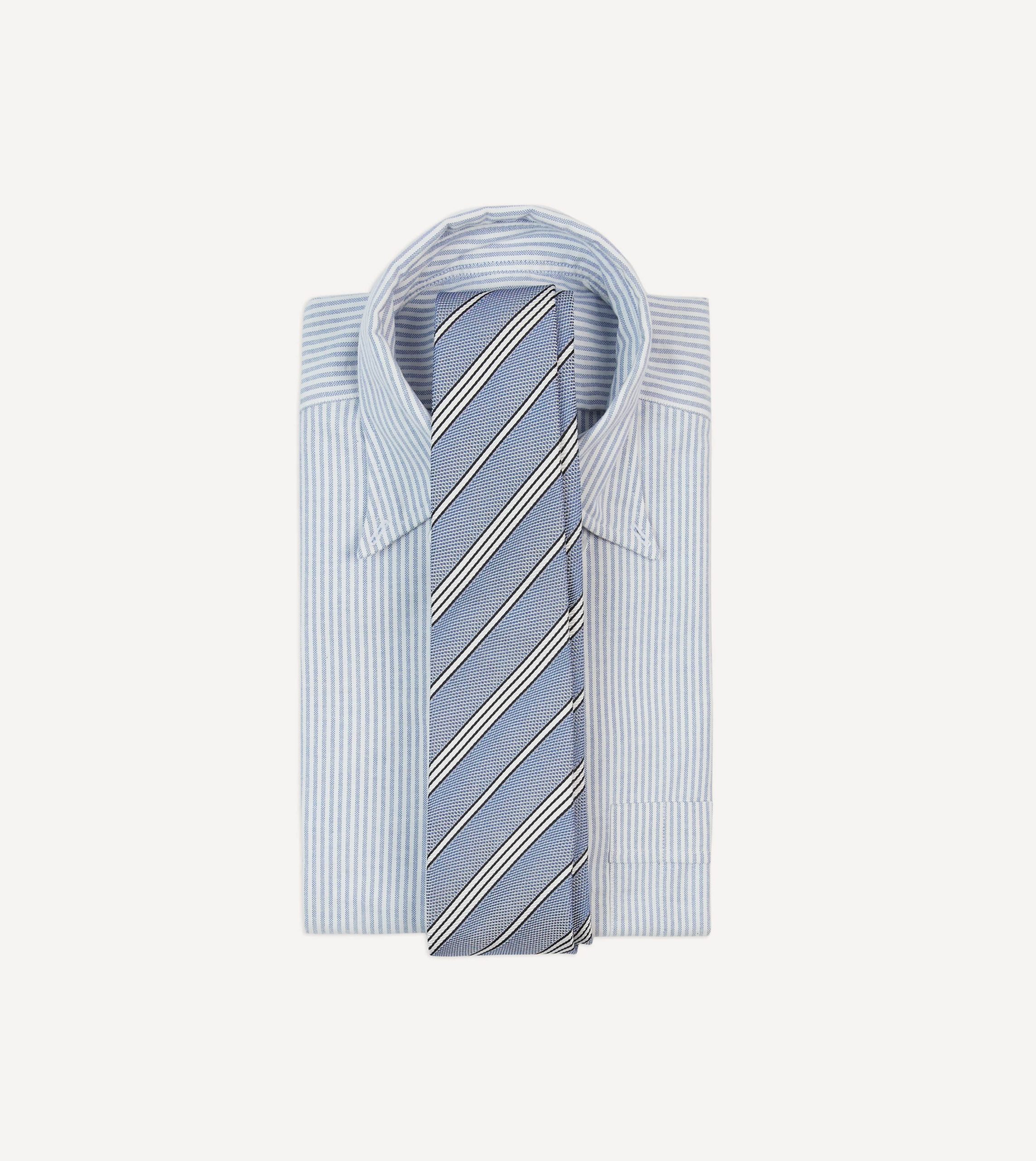 Blue. Navy and Ecru Twill Stripe Tipped Silk Grenadine Tie - Image 2