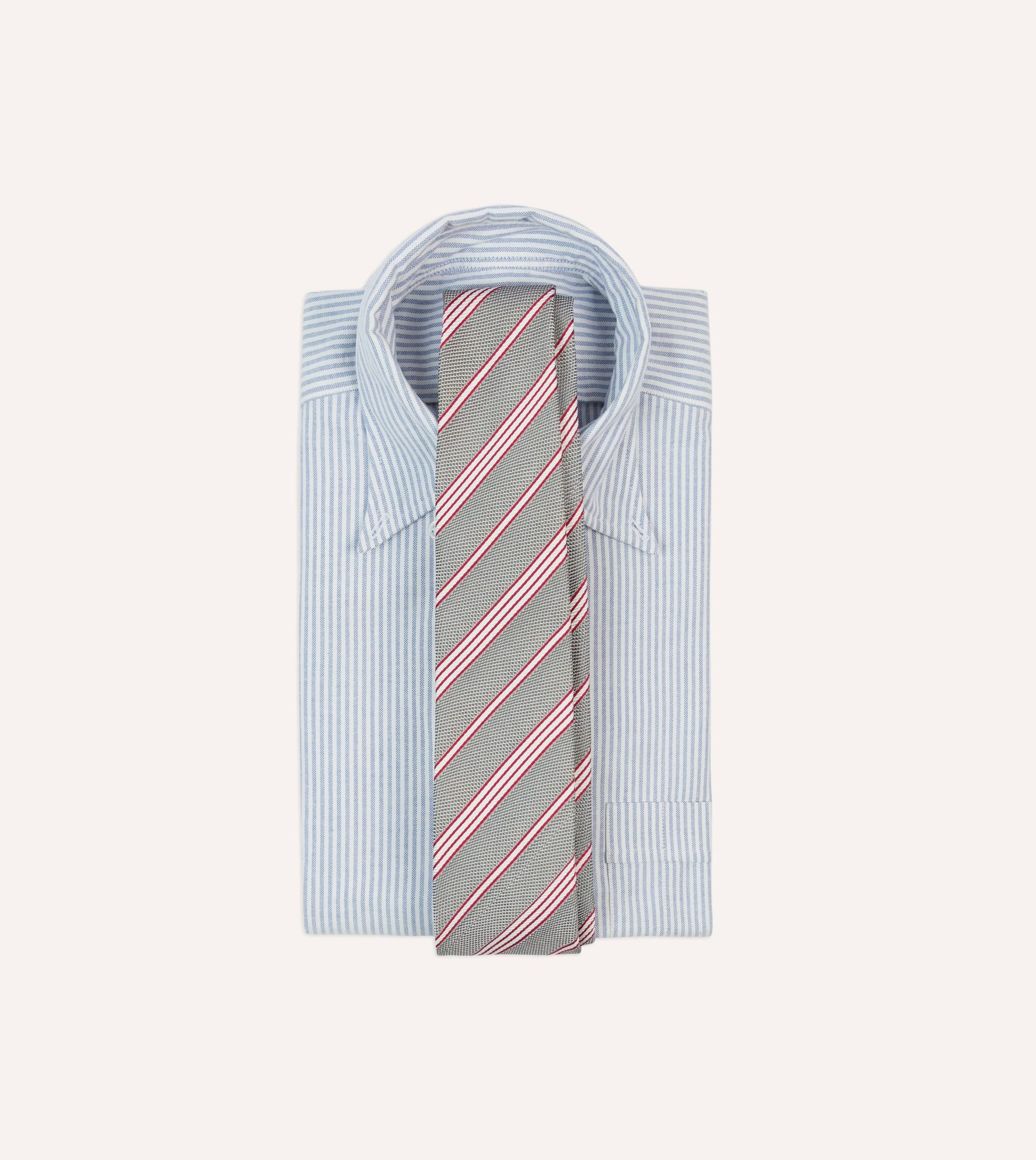 Grey. Red and Ecru Twill Stripe Tipped Silk Grenadine Tie - Image 2