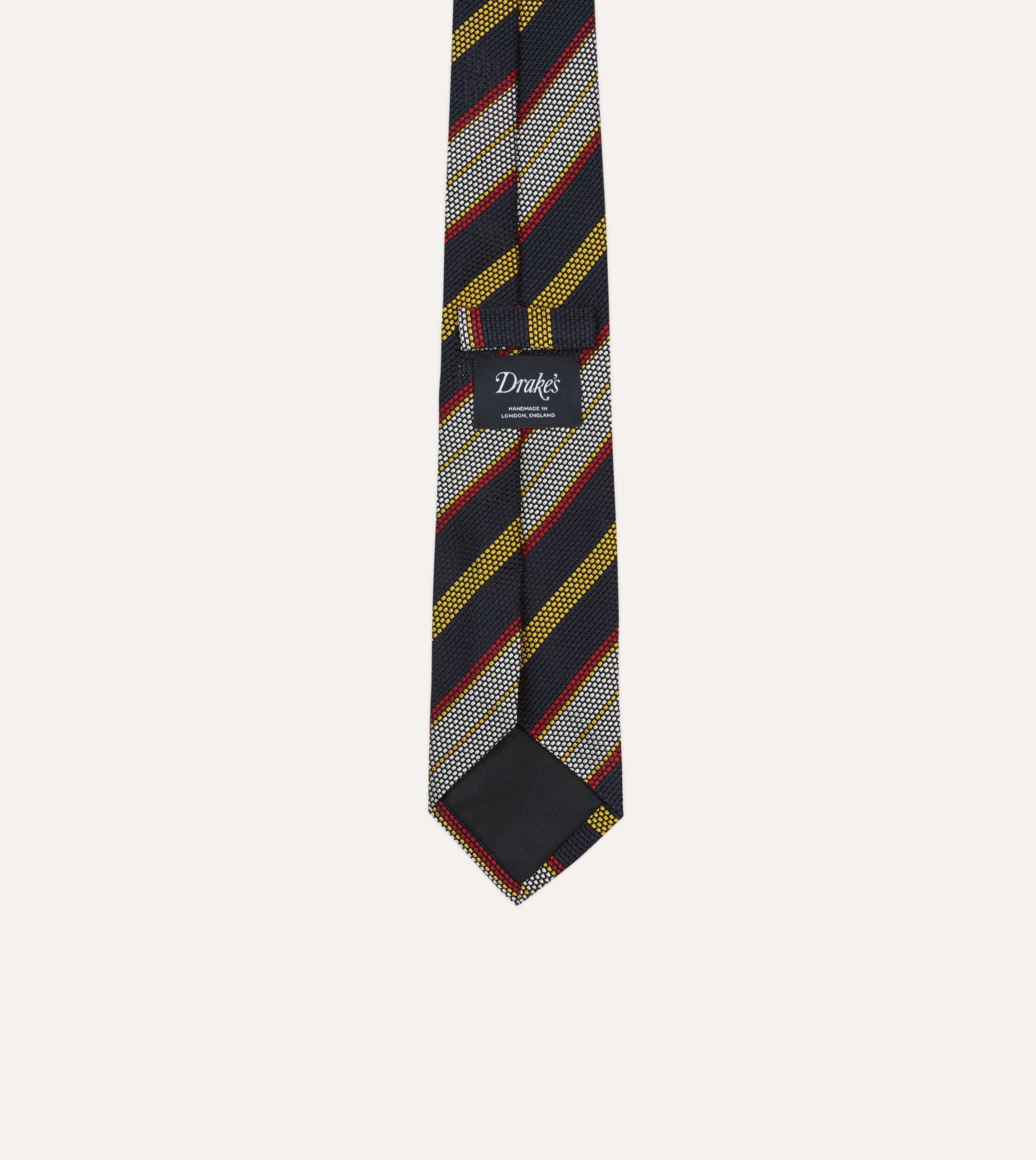 Navy. Yellow. Red and White Multi Stripe Tipped Silk Grenadine Tie - Image 4