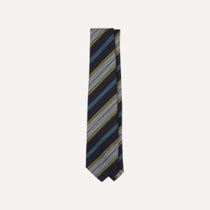 Navy. Blue. Yellow and White Multi Stripe Tipped Silk Grenadine Tie