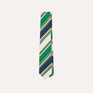 Navy. Green and White Stripe Mogador Silk Tipped Tie
