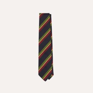 Navy. Green and Red Sandwich Stripe Repp Silk Tipped Tie