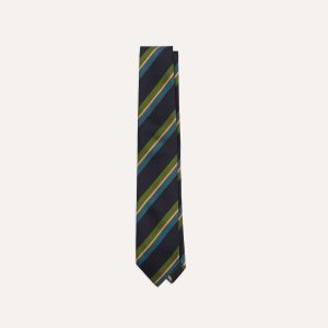 Navy. Green and Blue Sandwich Stripe Repp Silk Tipped Tie