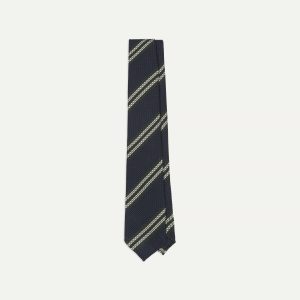 Navy. Green and White Double Stripe Silk Grenadine Tie