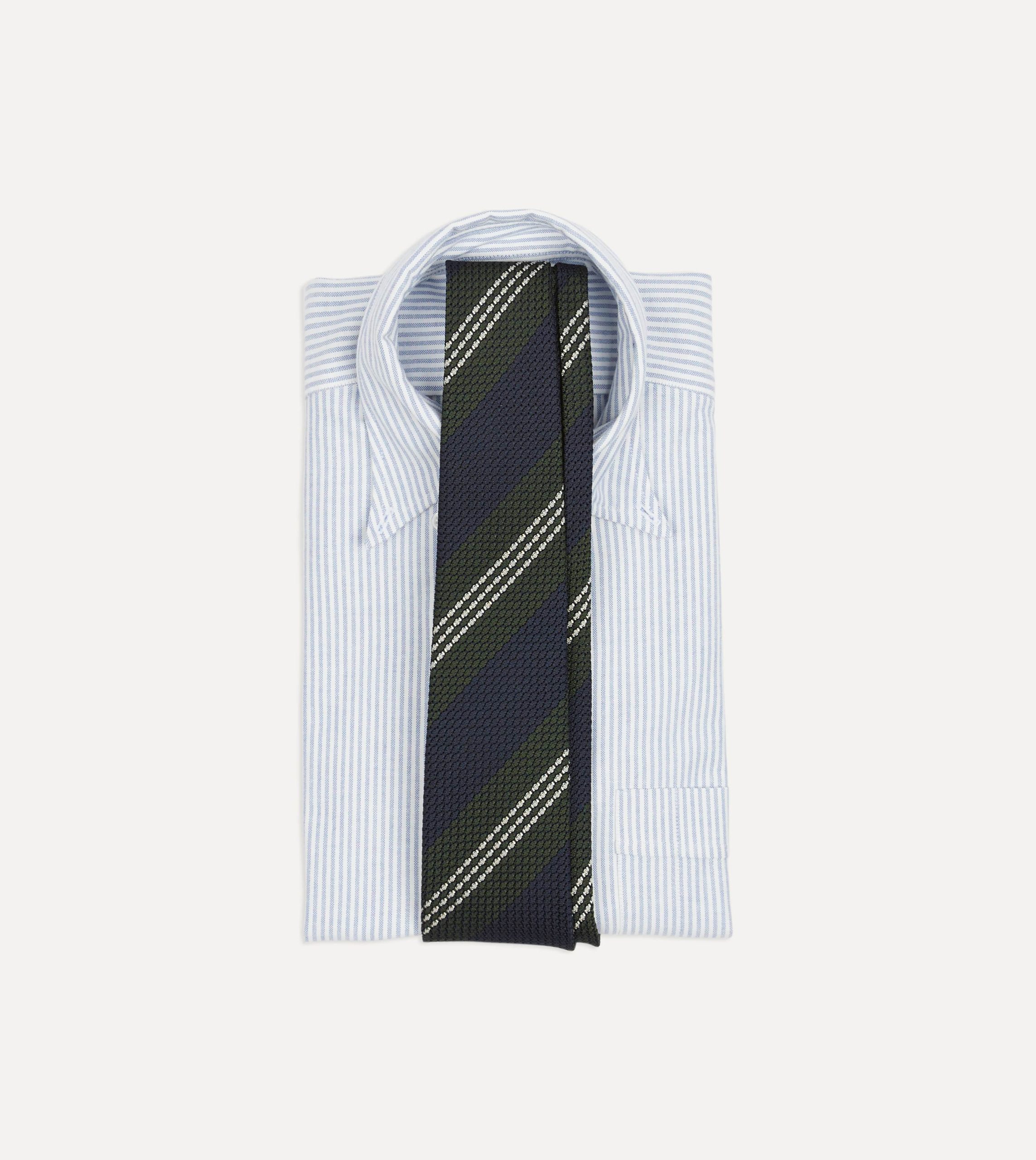 Navy. Green and White Multi Stripe Silk Grenadine Tie - Image 2