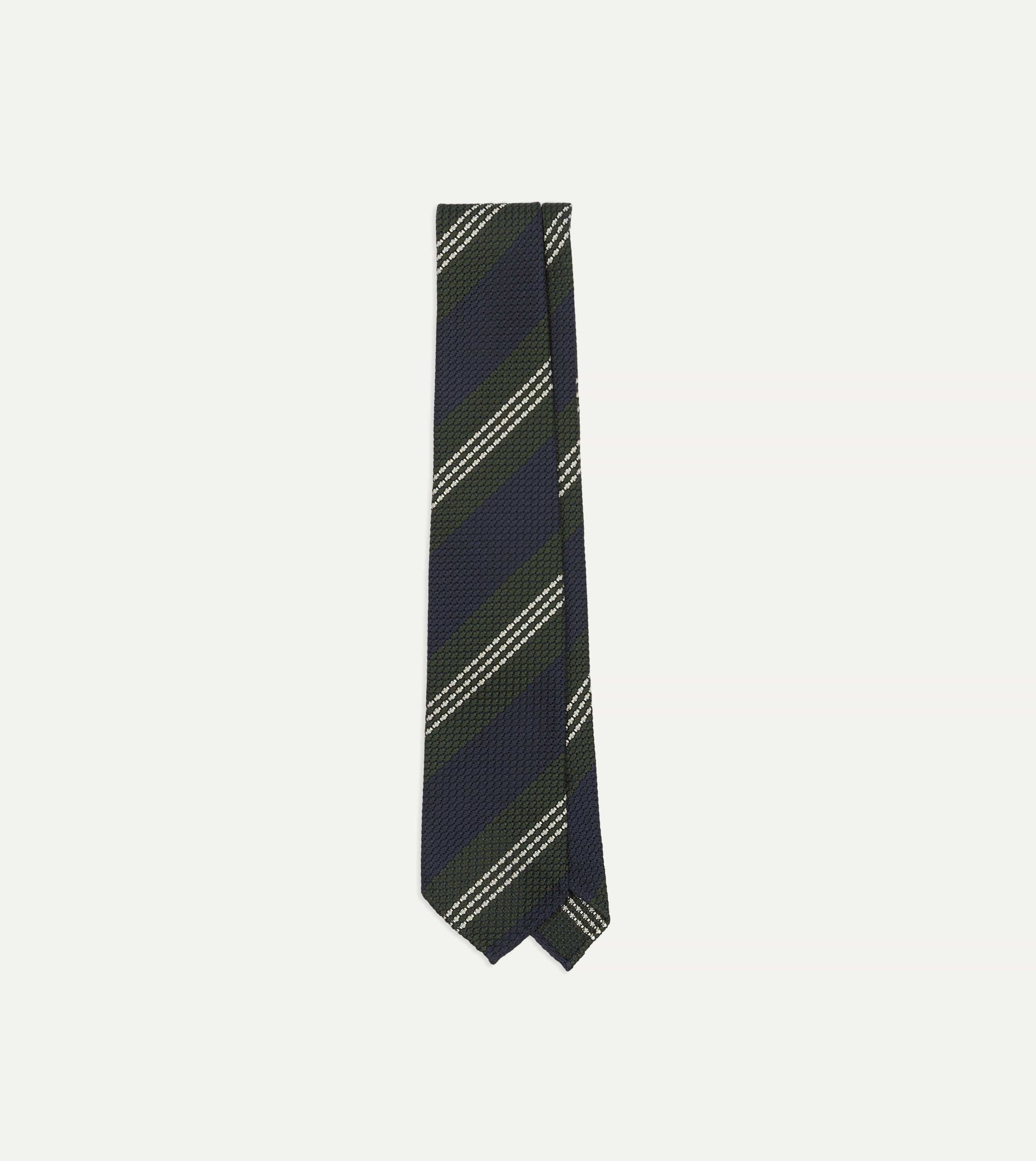 Navy. Green and White Multi Stripe Silk Grenadine Tie