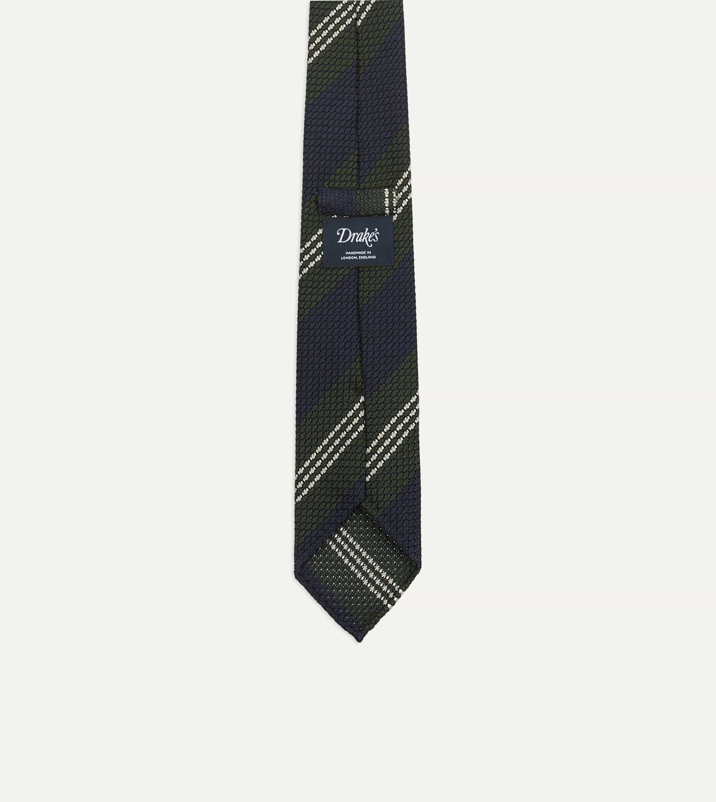 Navy. Green and White Multi Stripe Silk Grenadine Tie - Image 3