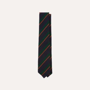 Navy. Green and Orange Stripe Mogador Wool Cotton Hand Rolled Tie