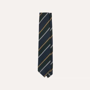 Navy. White and Green Stripe Hand Rolled Silk Grenadine Tie