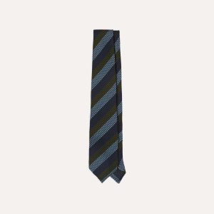 Navy. Green and Blue Block Stripe Hand Rolled Silk Grenadine Tie