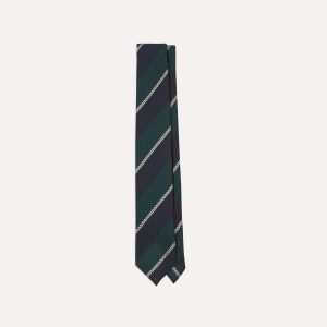 Navy. Green and White Multi Stripe Hand Rolled Silk Grenadine Tie