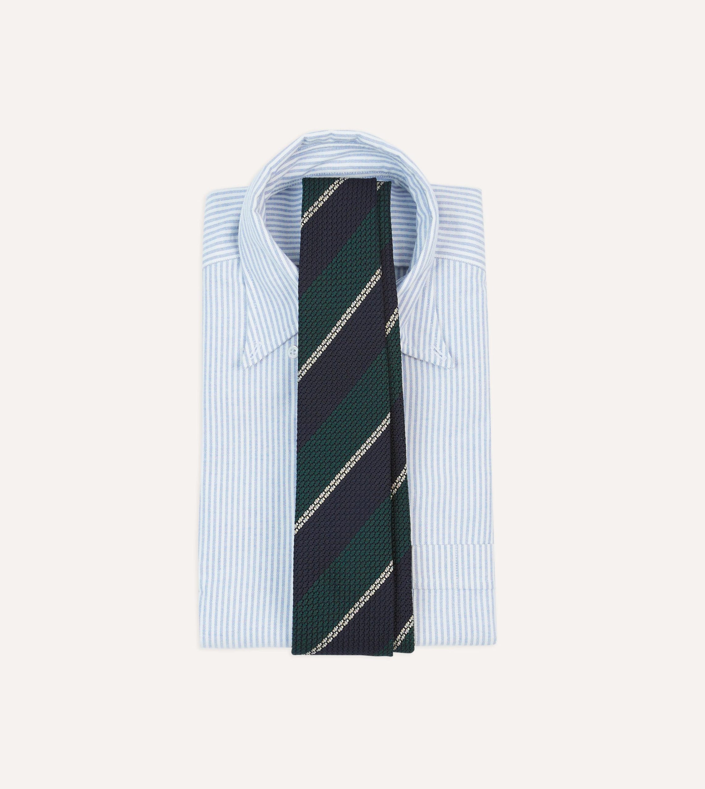 Navy. Green and White Multi Stripe Hand Rolled Silk Grenadine Tie - Image 2