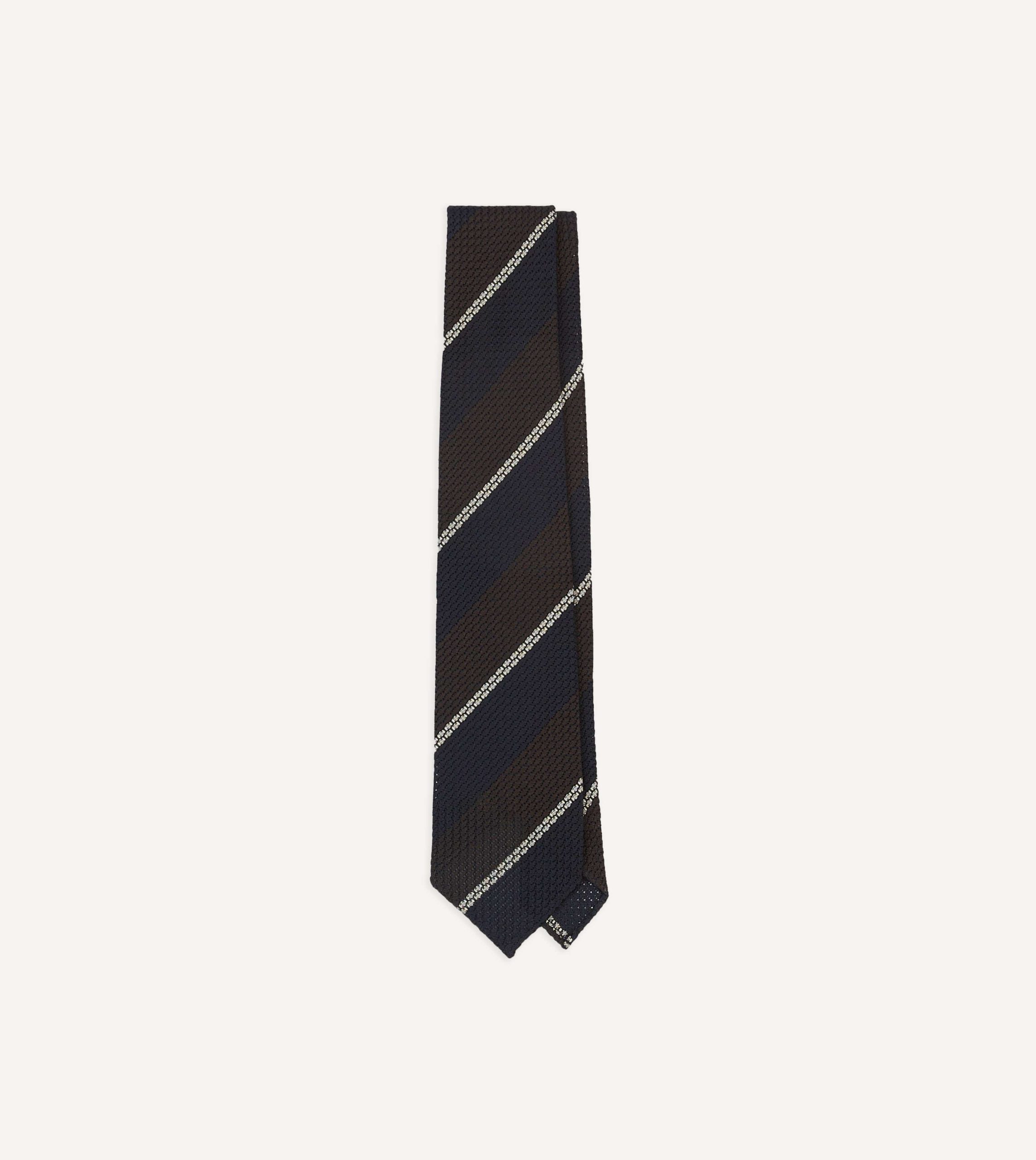 Navy. Brown and White Multi Stripe Hand Rolled Silk Grenadine Tie