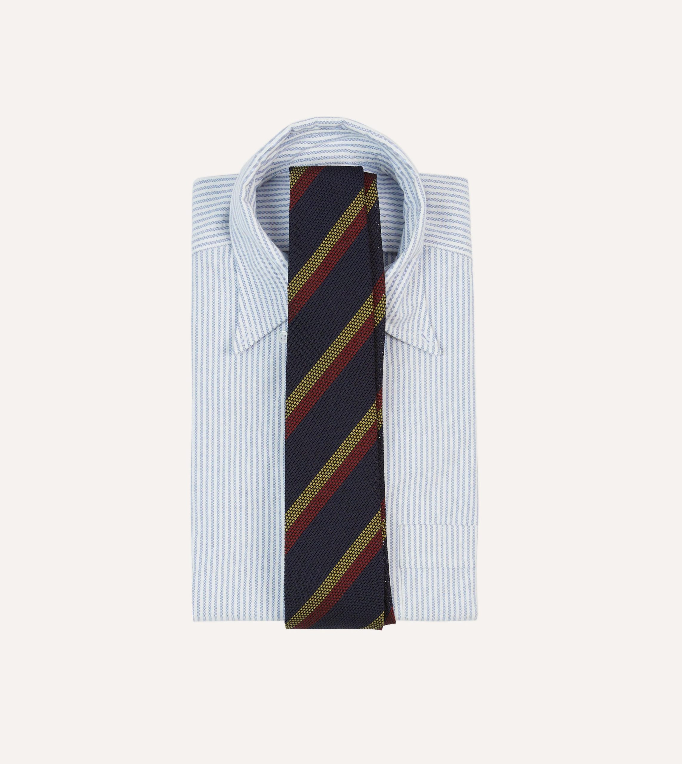 Navy. Red and Gold Double Stripe Hand Rolled Silk Grenadine Tie - Image 2