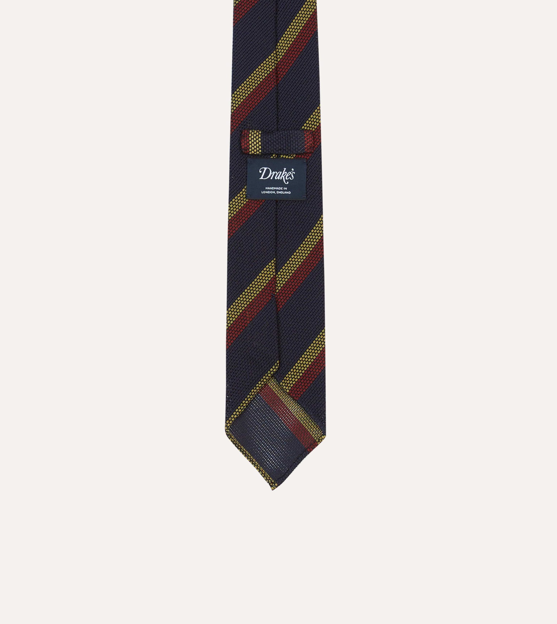 Navy. Red and Gold Double Stripe Hand Rolled Silk Grenadine Tie - Image 4