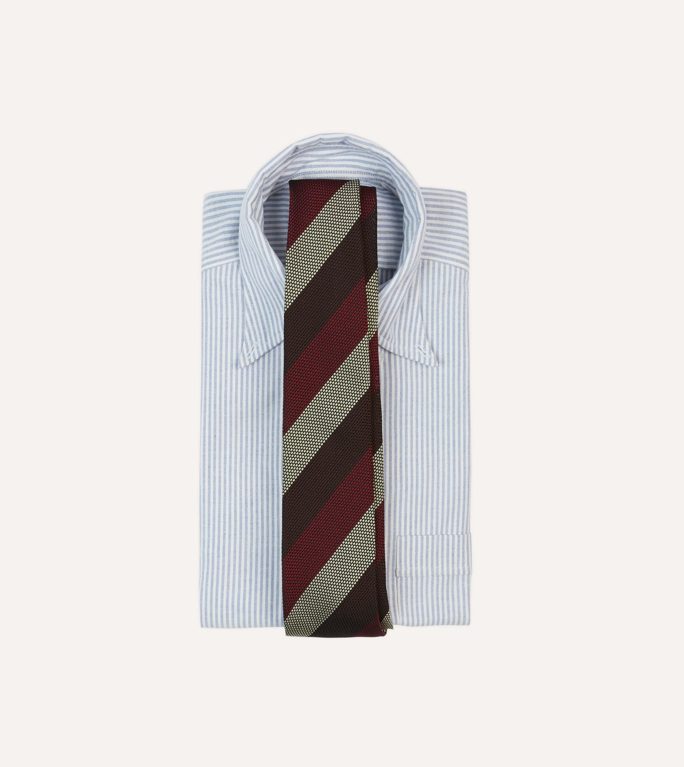 Brown. Red and Ecru Block Stripe Hand Rolled Silk Grenadine Tie - Image 2