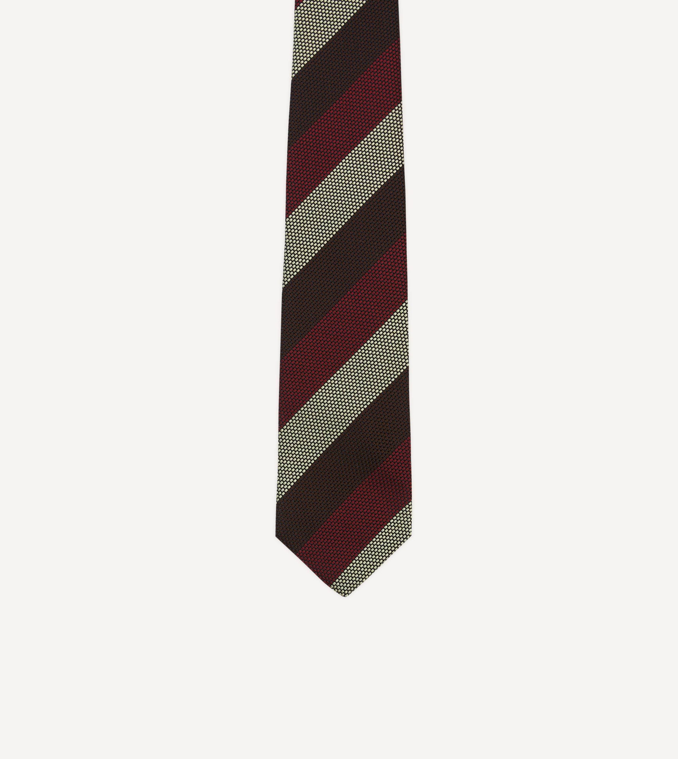 Brown. Red and Ecru Block Stripe Hand Rolled Silk Grenadine Tie - Image 3