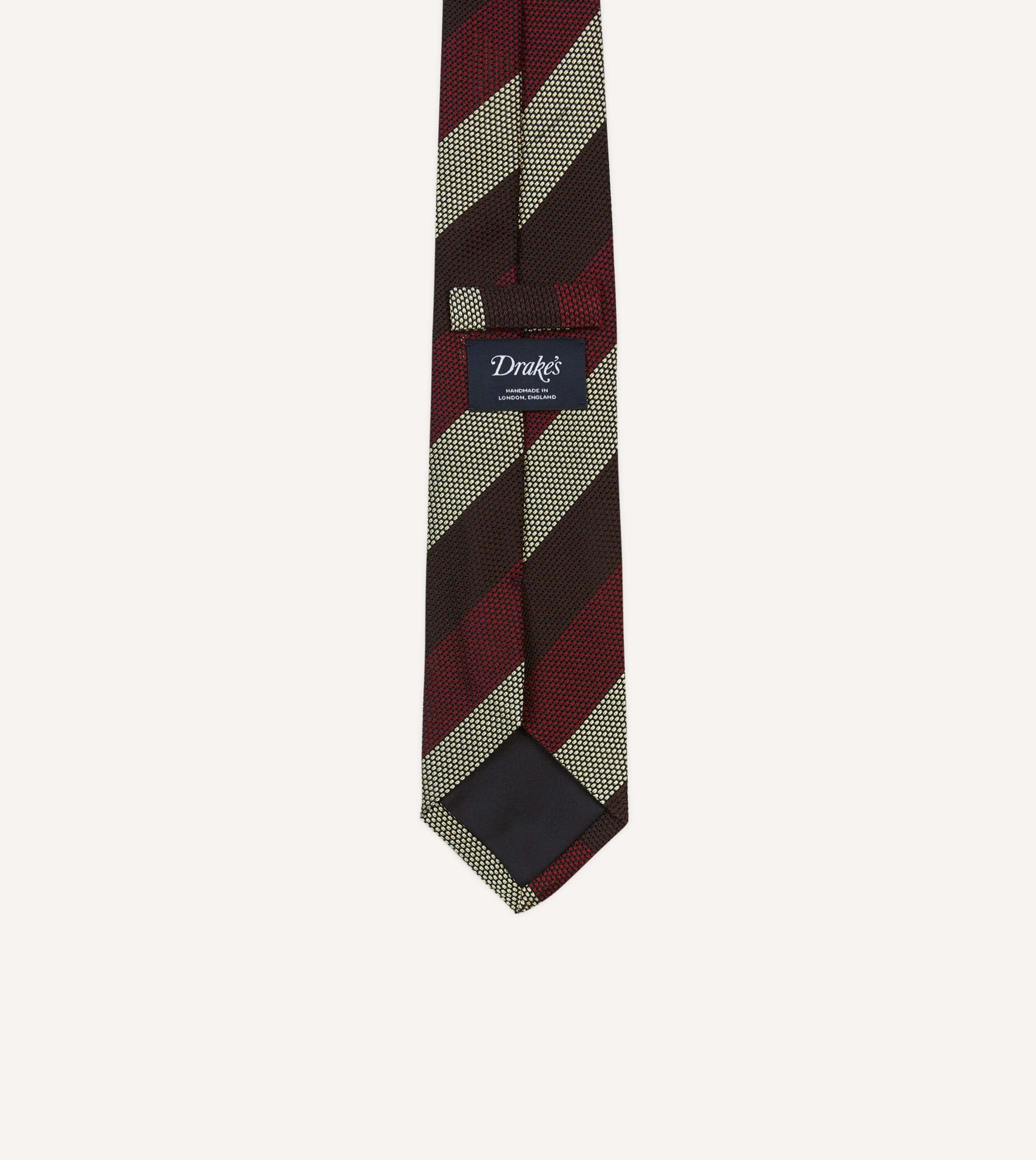 Brown. Red and Ecru Block Stripe Hand Rolled Silk Grenadine Tie - Image 4
