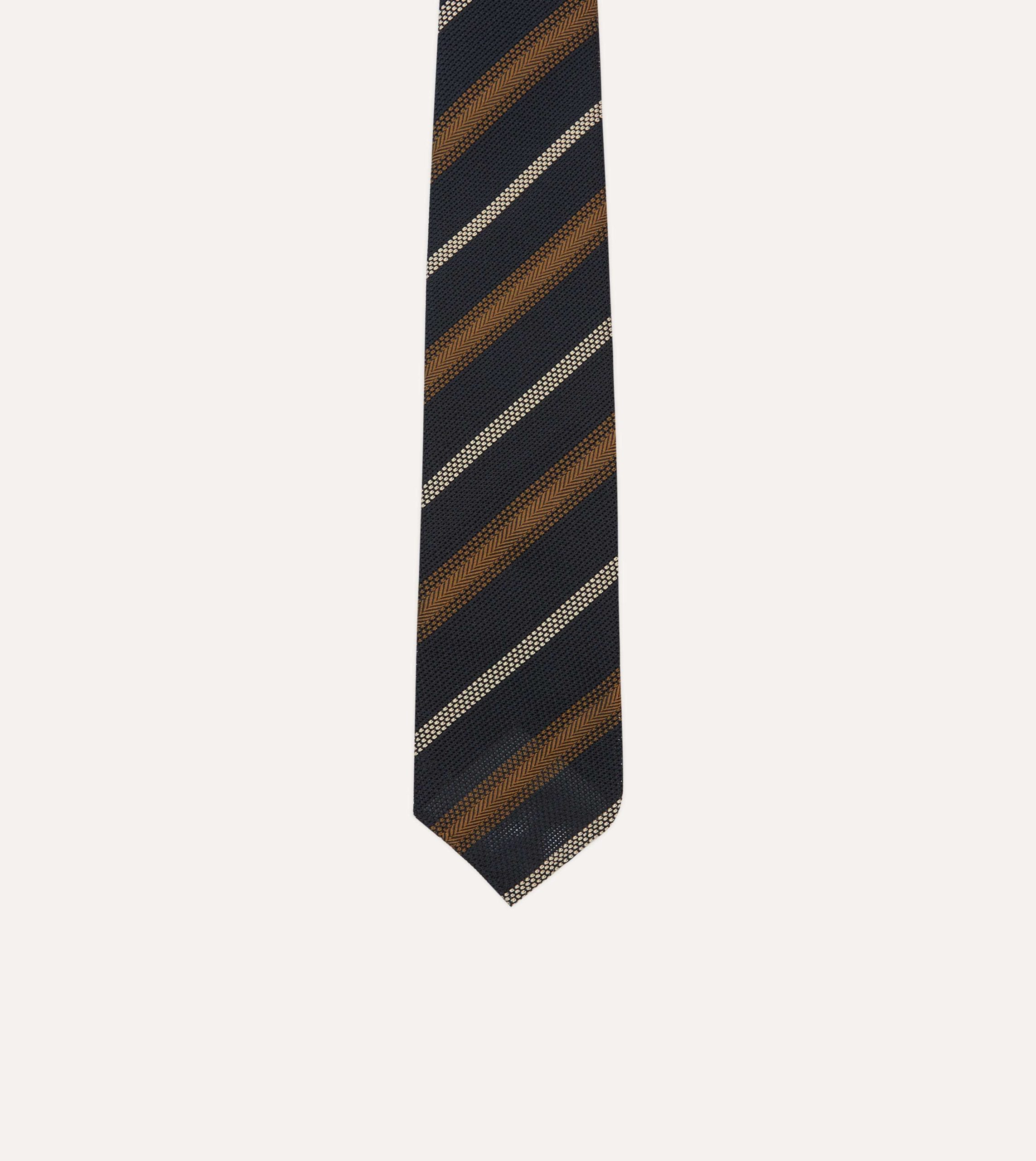 Navy. Gold and Ecru Stripe Hand Rolled Silk Grenadine Tie - Image 3