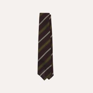 Burgundy. Olive and Ecru Stripe Hand Rolled Silk Grenadine Tie