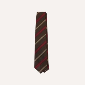 Brown. Red and Ecru Stripe Hand Rolled Silk Grenadine Tie