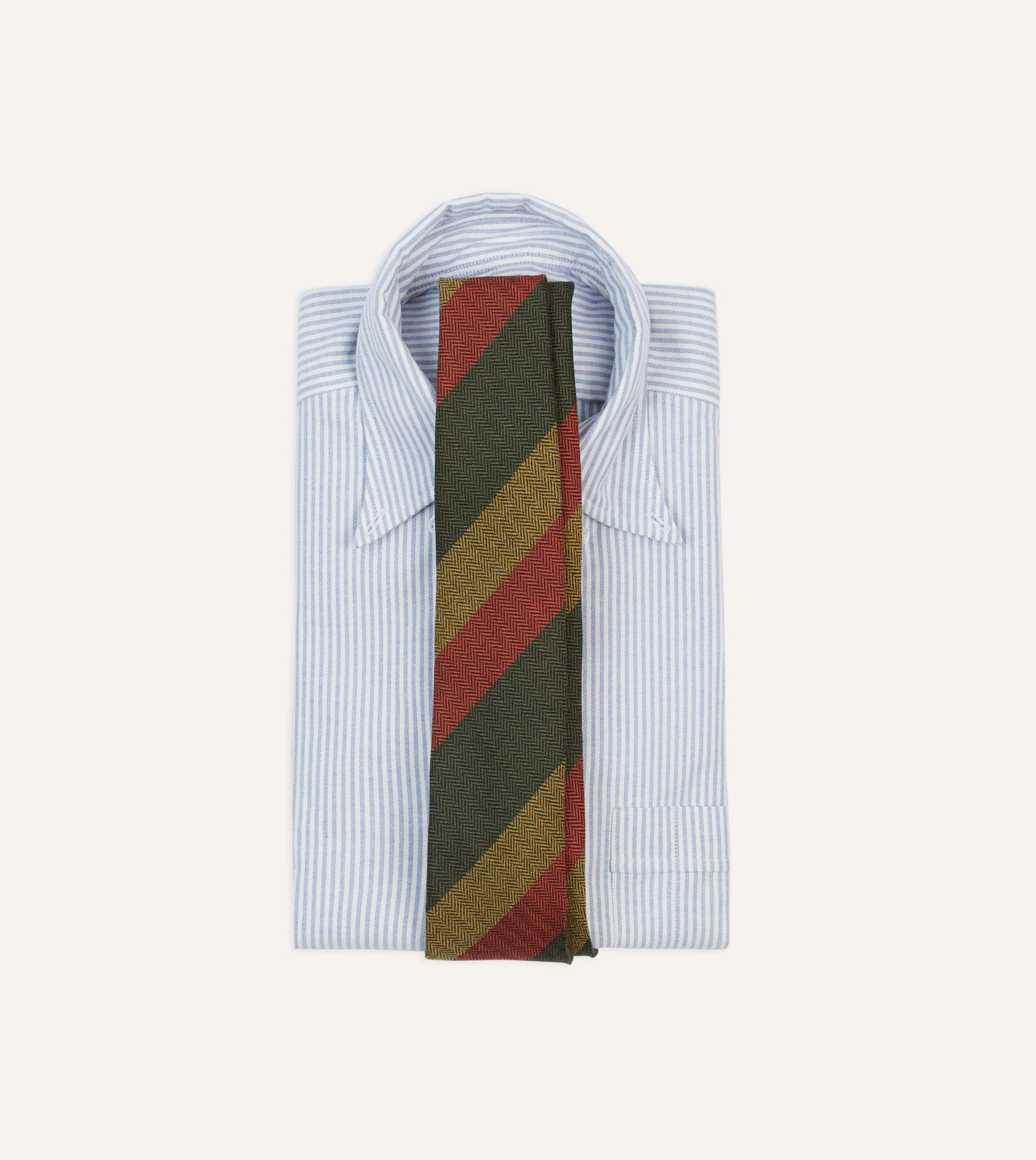 Green. Red and Mustard Block Stripe Hand Rolled Wool Tie - Image 2