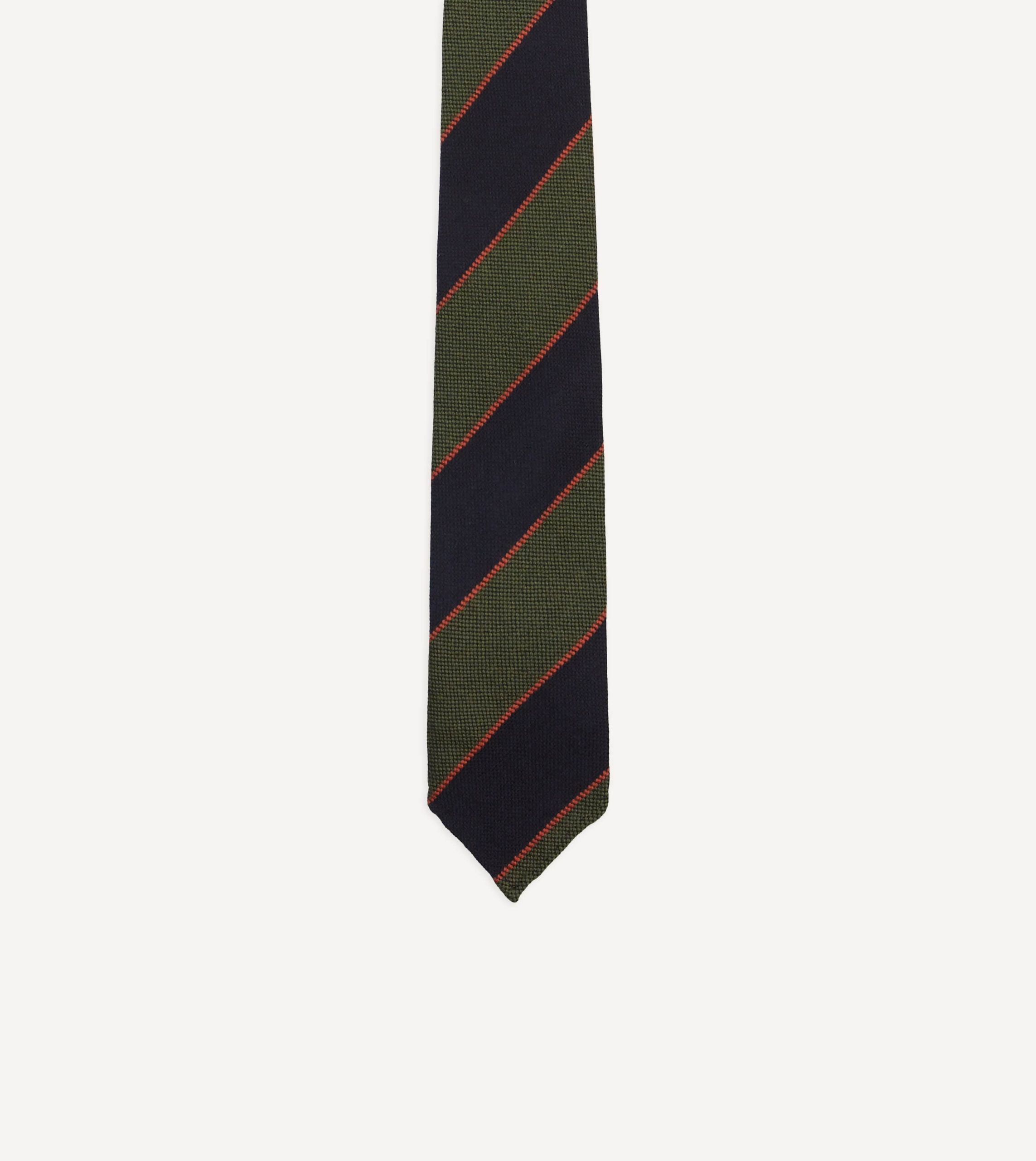 Green. Red and Navy Line Stripe Hand Rolled Wool Tie - Image 3