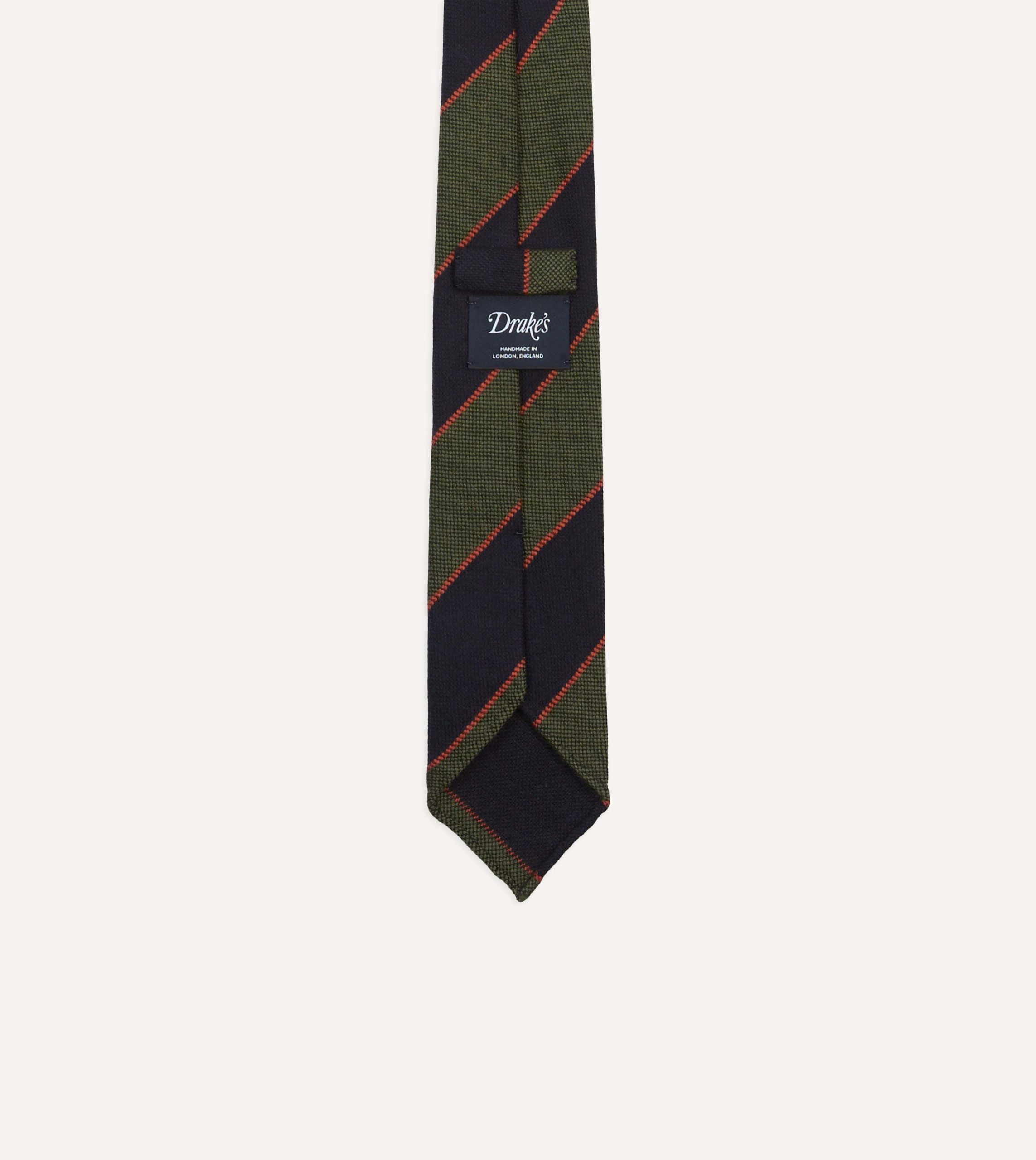 Green. Red and Navy Line Stripe Hand Rolled Wool Tie - Image 4