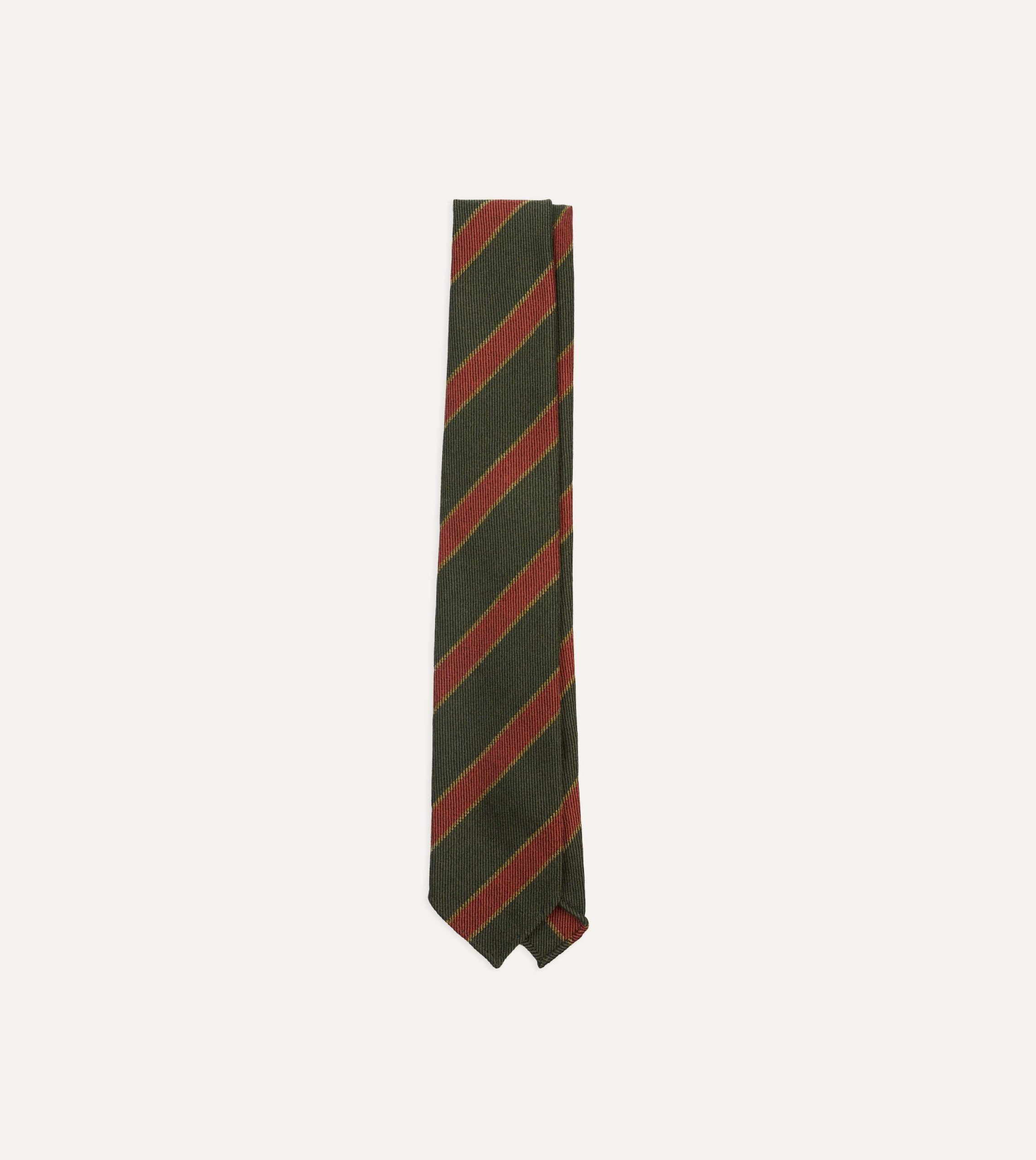 Green. Yellow and Red Thick Stripe Hand Rolled Wool Tie